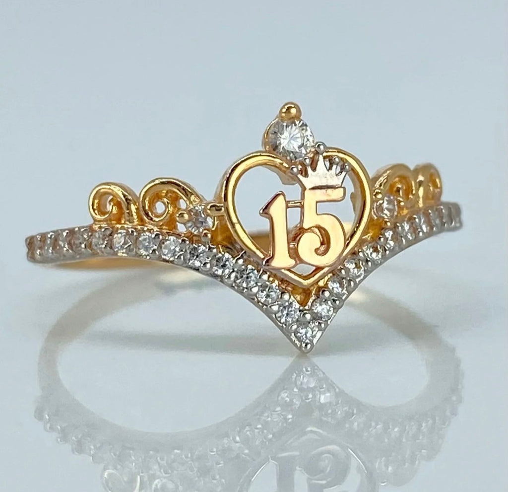 Anillo tiara 15años corazón circones blancos tres Oros 18K / talla 7 / 2 gr*