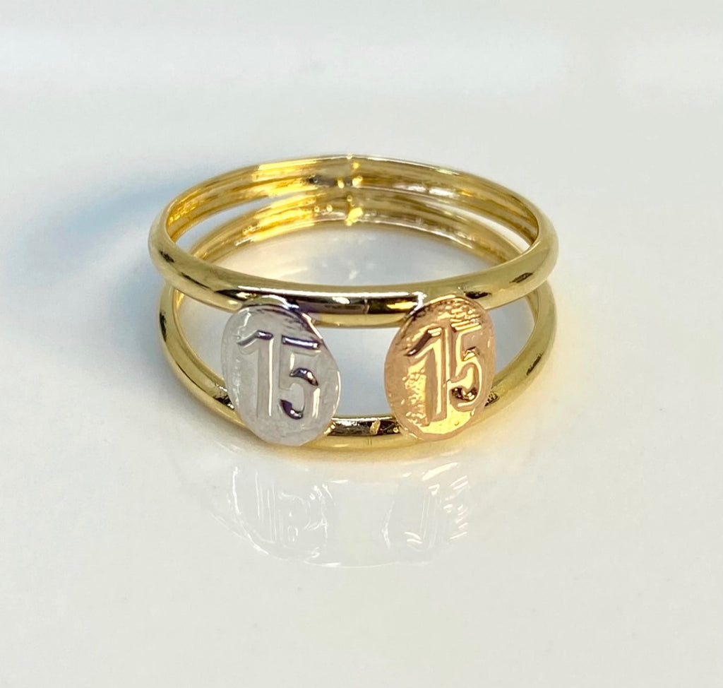 Anillo 15años doble línea tres Oros 18K | Talla 7 | 1,77 gr *
