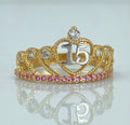 Anillo corona 15años corazón circones blancos y rosas | Oro amarillo y Oro blanco 18K | 2,16 gr