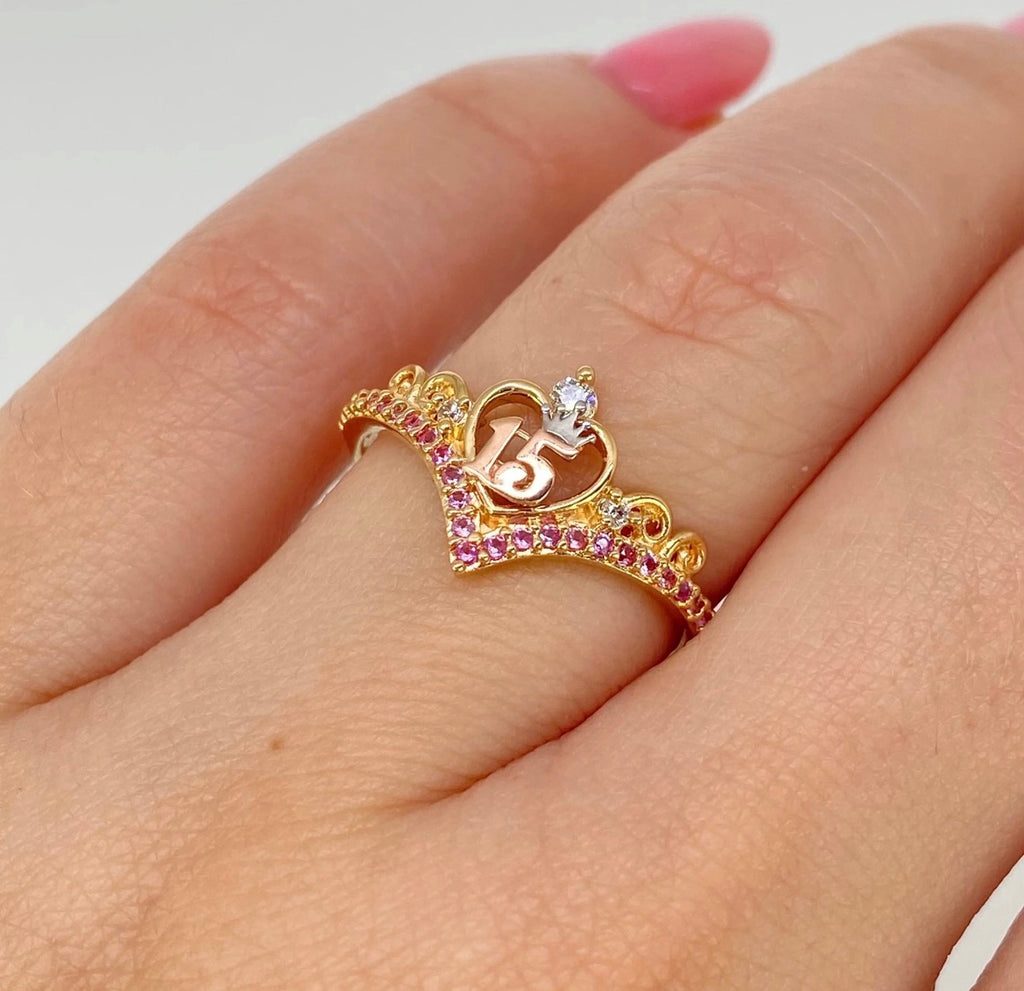 Anillo tiara 15 años CORAZON circones blancos y rosas | Tres Oros 18K | Talla 6 | 2 gr