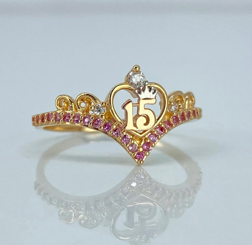 Anillo tiara 15 años CORAZON circones blancos y rosas | Tres Oros 18K | Talla 6 | 2 gr