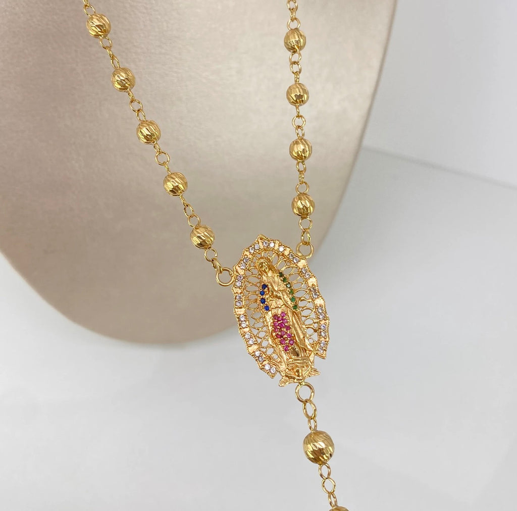 Rosario bolas diamantadas Virgen de Guadalupe •Circones colores / Oro amarillo  18K 26,55 gr / 5 mm / 65 cm *