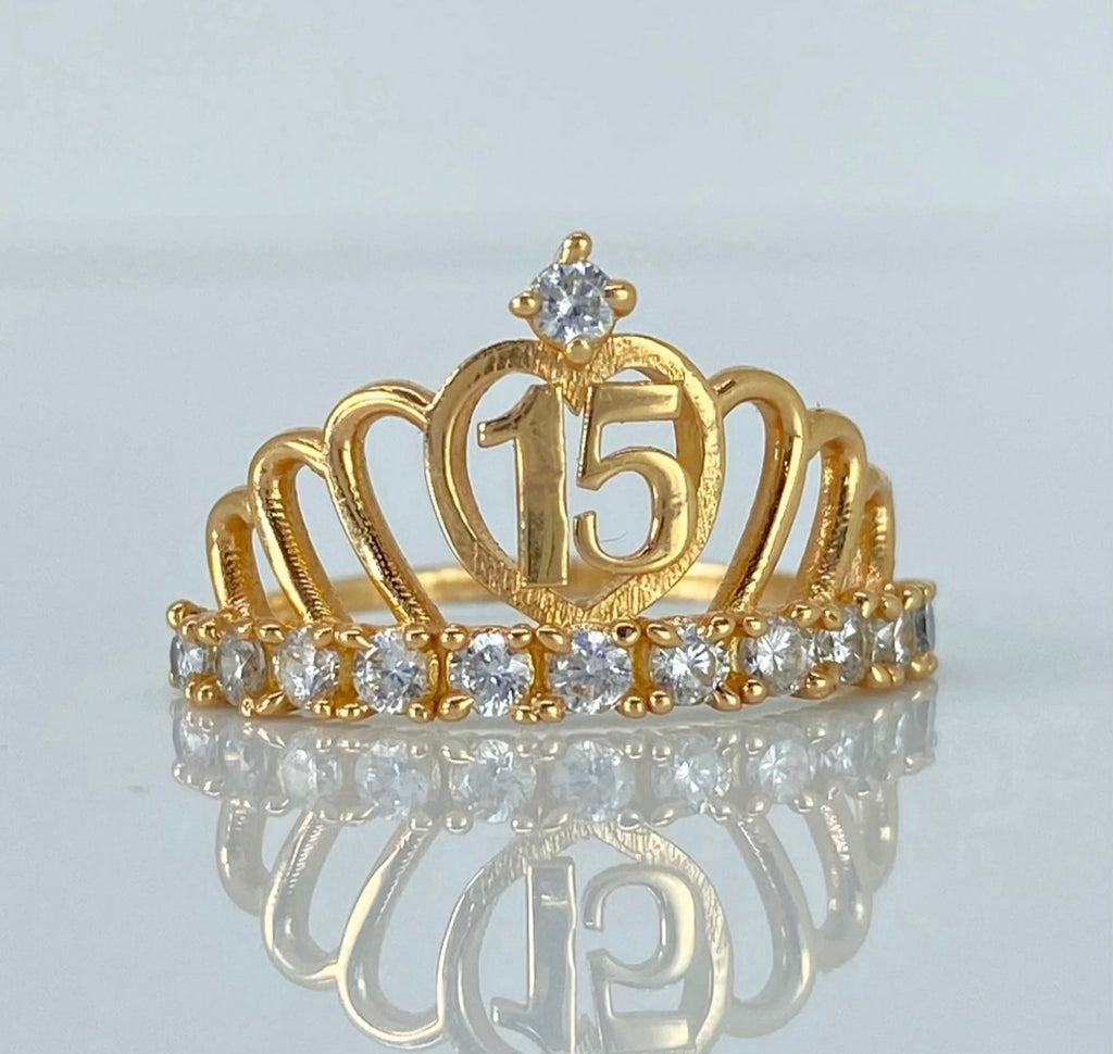 Anillo 15años corona personalizado con circones Oro amarillo 18K / Talla 5 / 4gr