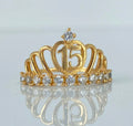 Anillo 15años corona personalizado con circones Oro amarillo 18K / Talla 5 / 4gr