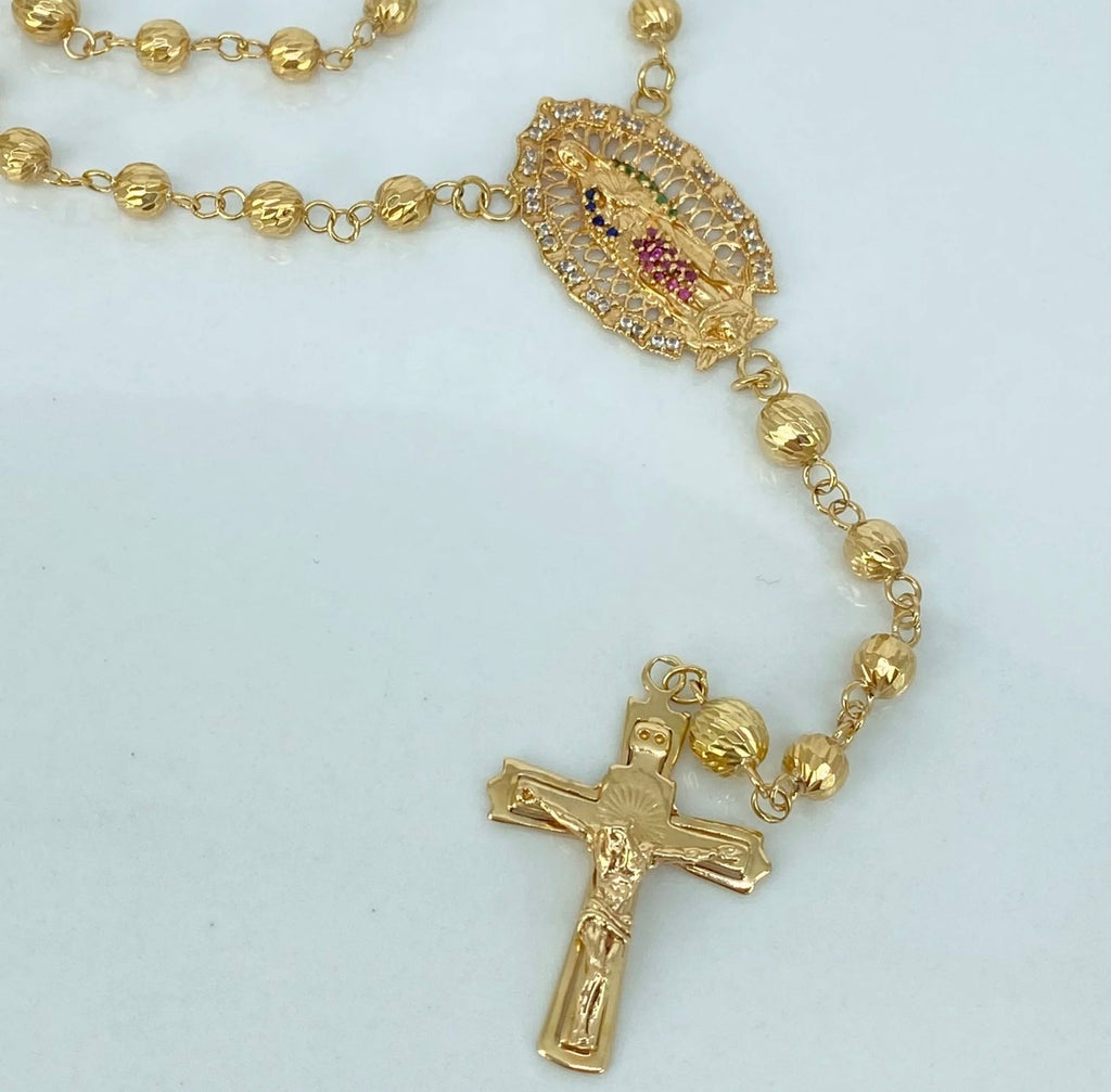 Rosario bolas diamantadas Virgen de Guadalupe •Circones colores / Oro amarillo  18K 26,55 gr / 5 mm / 65 cm *