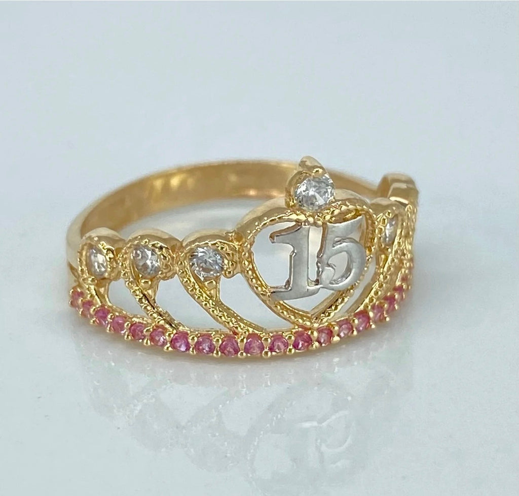 Anillo corona 15años corazón circones blancos y rosas | Oro amarillo y Oro blanco 18K | 2,16 gr