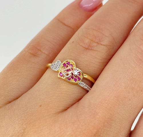 Anillos 15años corazones circones blancos y fucsias | Oro amarillo y Oro blanco 18K | Talla 6 | 2,15 gr